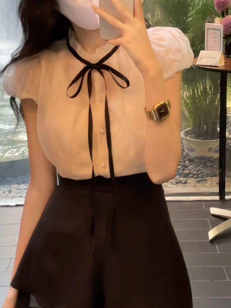 Chic French Bow Tie Chiffon Top with Lace Puff Sleeves for Women