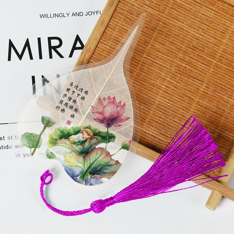 

Chinese Bodhi Leaf Bookmark: Floral Ink Wash Style with Peach Blossom, Peony, and Lotus