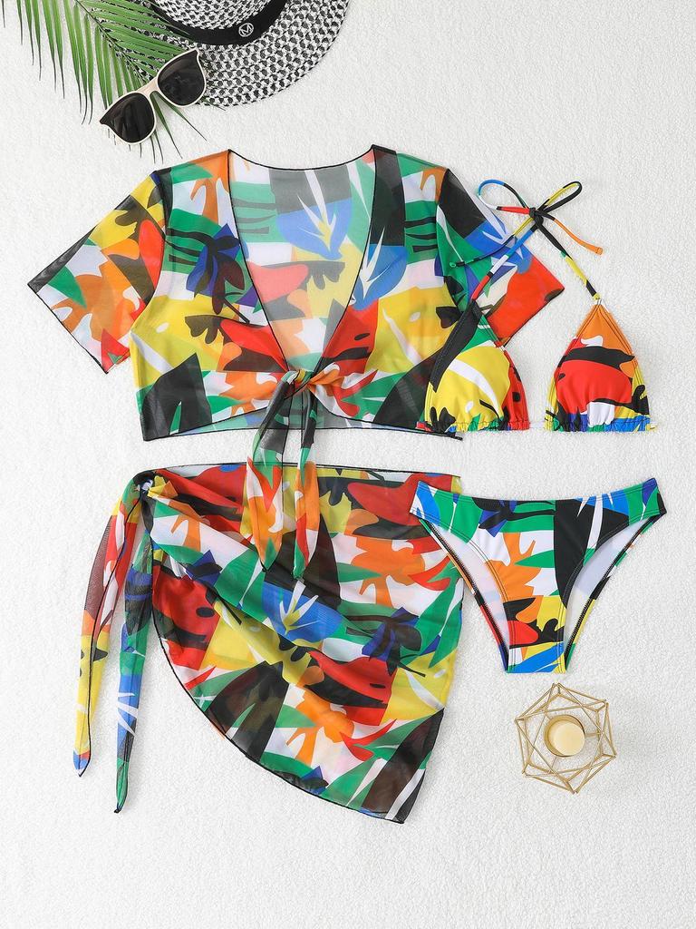 European-American Sexy Print Bikini Set: Women's 2026 Cross-Border Swimwear, Four-Piece Split Swimsuit.