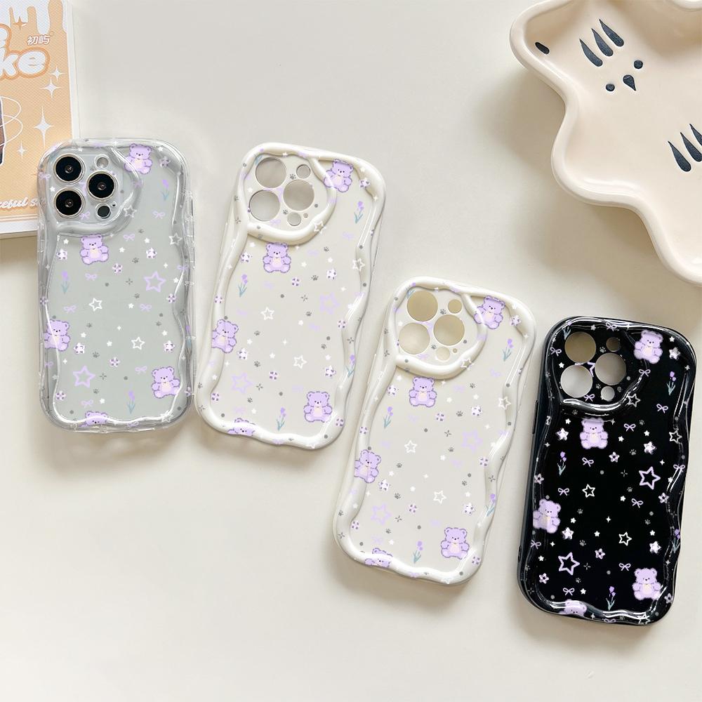 For OPPO A38 A18 A60 A58 A57s A96 Reno12 13 Realme C31 C30 Vivo V30 Y27s Y28 Y36 Y76 Wavy Edge Star and Bear Soft Silicone Phone Case