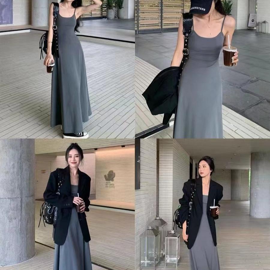Spice Girl Solid Color High Waist Suspender Dress Women's Summer New Waist Skinny Shoulder Shoulder Inside Bottom Knee Dress
