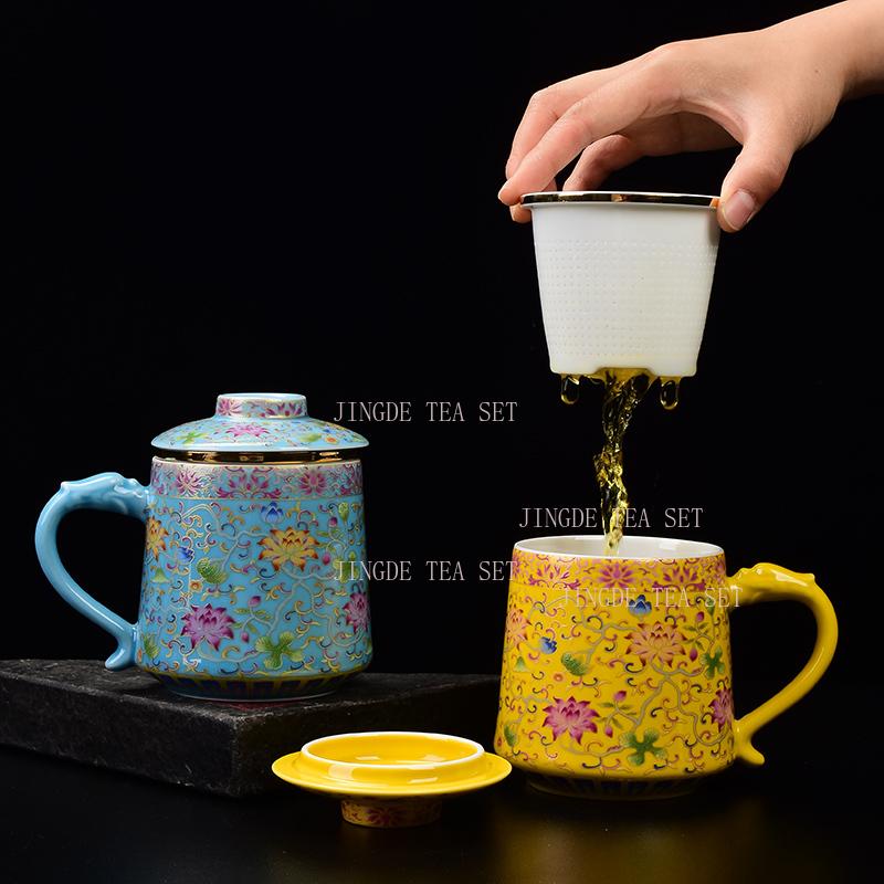 420ml Ceramic covered Mark tea separation enamel colored water cup high-end office tea cup