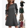 Womens Knit Midi Dress With Puff Sleeves Loose Fit Round Neck Casual A-Line Pocket