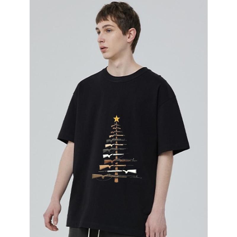Black T Shirt Christmas Tree Rifle Pattern Casual Wear for Men and Women