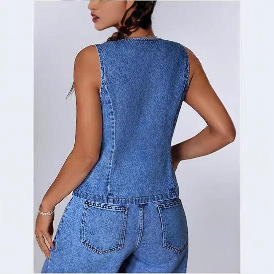 Women's Denim Vest Front Tie Crop Top Sleeveless V Neck Tank for Summer