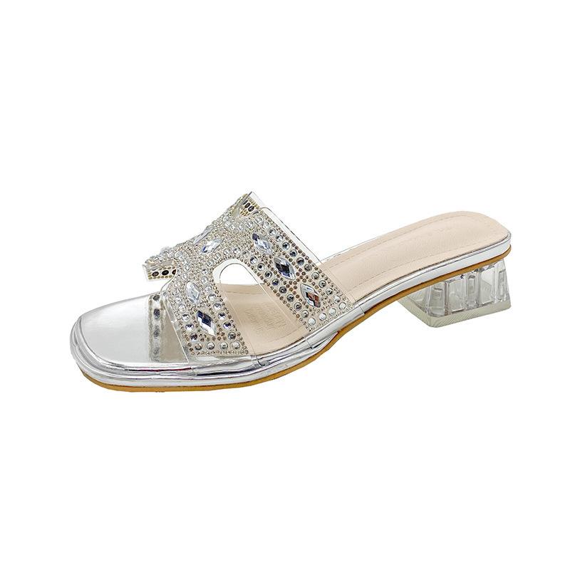 Crystal thick-heeled slippers women's summer wear new fashion rhinestone high-heeled one-word cool slippers