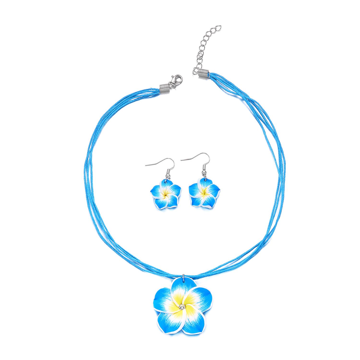 

Hawaiian Plumeria Necklace & Earrings Set for Vacation синий