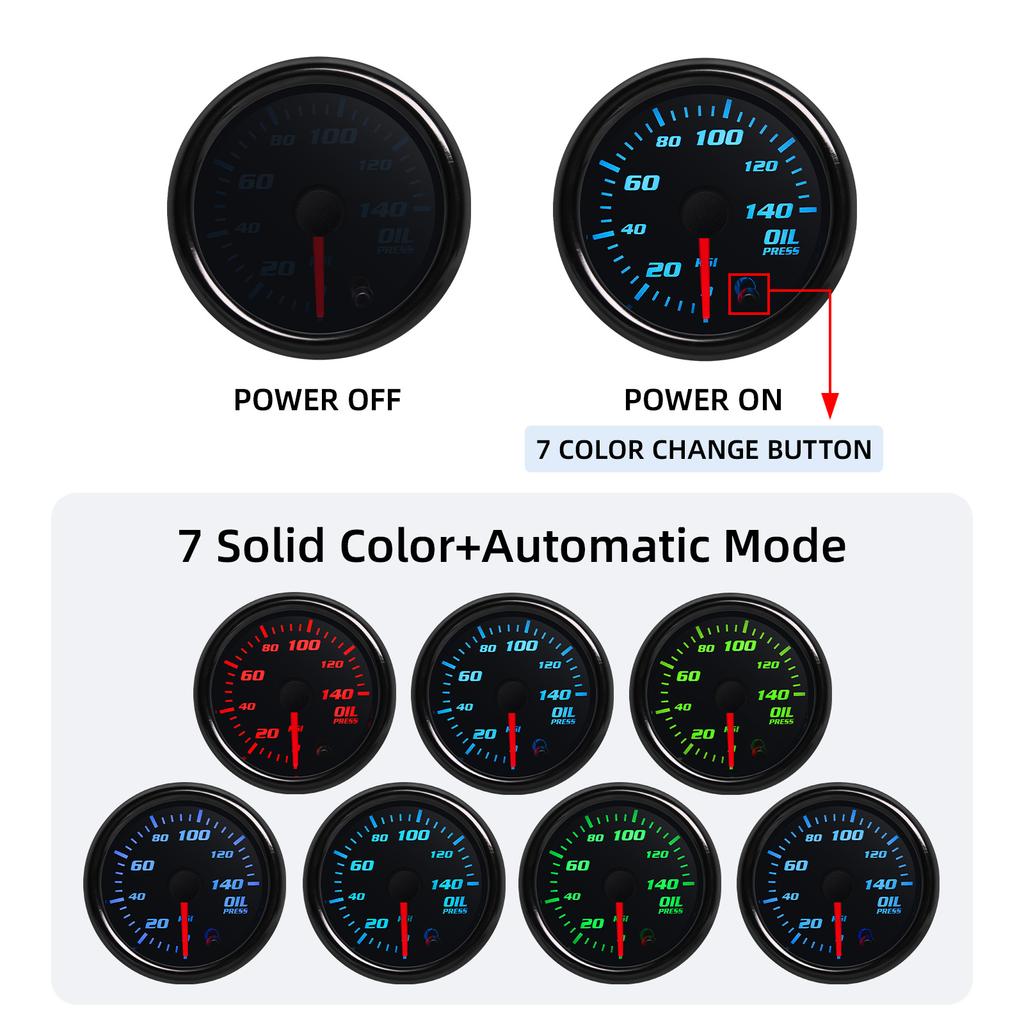 7 Colors LED Dual Display 2" 52mm Boost/Water/Volt/Air Fuel Ratio/EGT/Tachometer/Oil Temp/Oil Pressure RPM Car Gauge Auto Meter