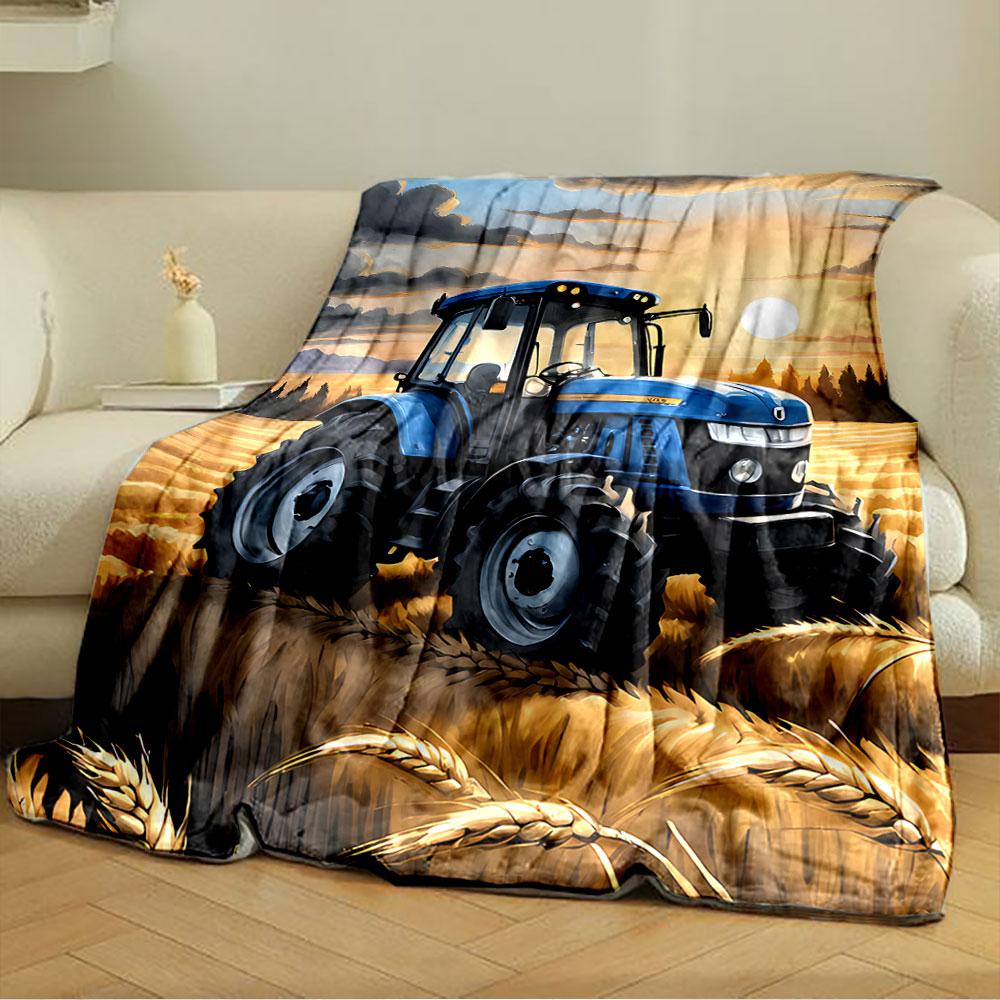 Blue Tractor in Wheat Field for all seasons blanket lunch break throw gift