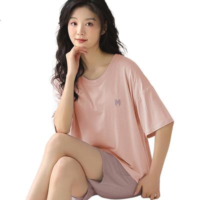 Women's Pajamas with Built-In Bra Pads, Modal-Like Ice Silk Short-Sleeve Shorts, Summer Loungewear, Wearable Outside, Cool-Feeling Home Wear