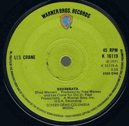 

7inch Record LES CRANE - Desiderata K16119 Warner Bros. Re 1971 UK Rock Used