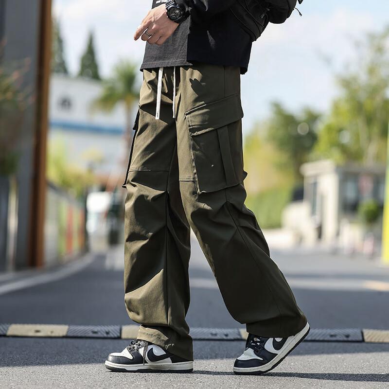 SWAMP AREA Men's Windproof Workwear Pants Spring Autumn American Street Style Draped Straight Loose Fit Trousers KS381 Military Green S
