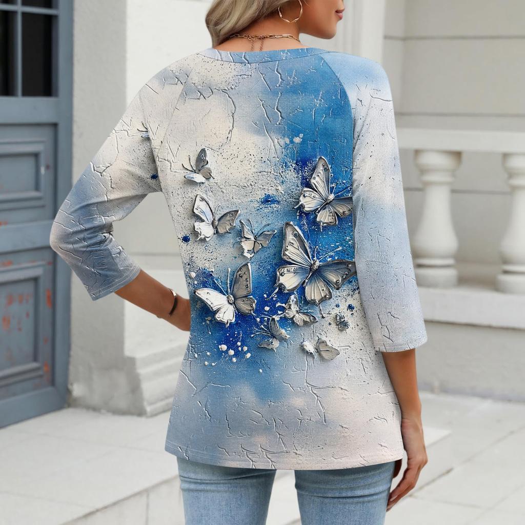 Women's Fashion Casual Three-quarter Sleeve Raglan Sleeve Vintage Floral Print V-Neck Top