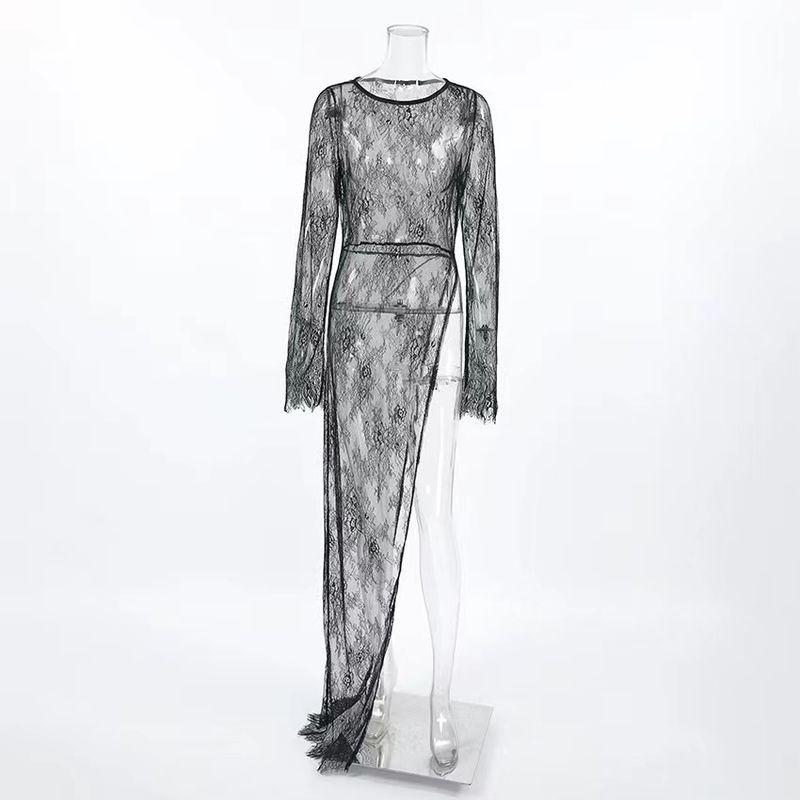

Western Style Sexy Lace Perspective round Neck Split Asymmetric Dress Sexy Perspective Dress Black L
