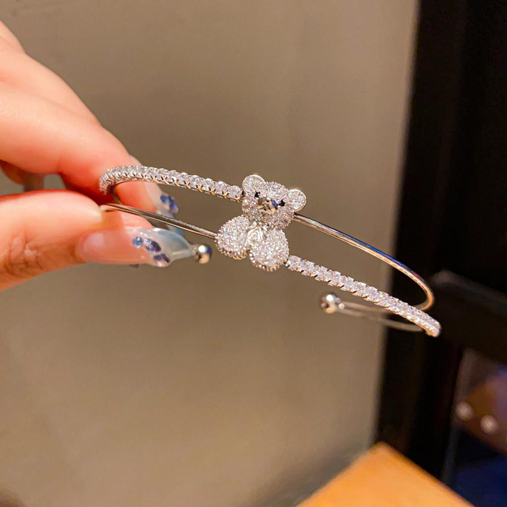 Small Bear Zircon Doublelayer Open Bracelet With Cubic Zirconia For Fashionable Women