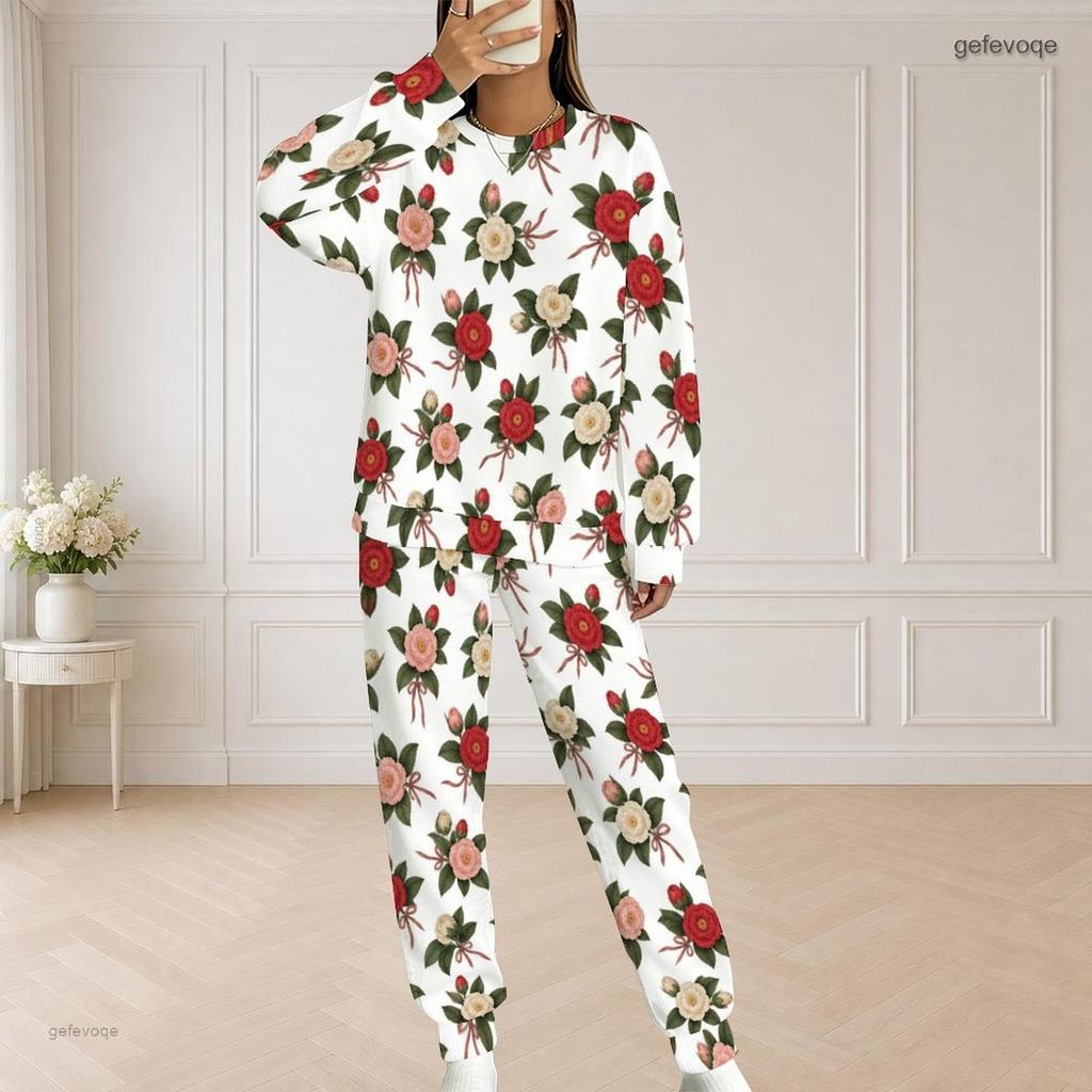 Women Plus Size White Floral Printed Round Neck Long Sleeve Top And Pants Set