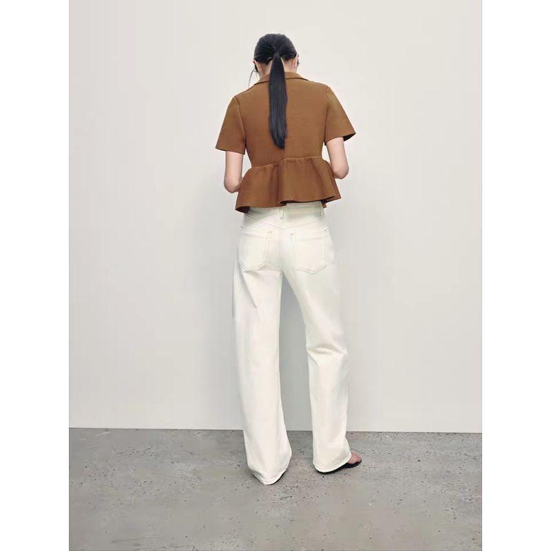 Za2025 Spring New Women clothes Single-Breasted Lapel Short sleeve Short Skirt Hem Knitted Outerwear 2142012