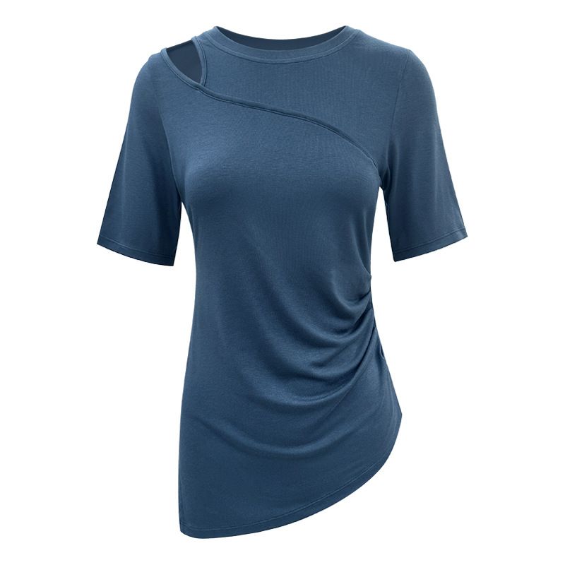

Elegant Moisture Wicking Soft Comfortable Asymmetric Tops Fashion Sports Fitness Yoga Wear Short Sleeve Blouse T-shirt Night blue gray short sleeve XL