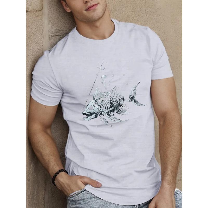 [Men s Skeleton Fish Tee] Men s Summer Casual T-Shirt - Unique Skeleton Fish Design, Breathable, Round Neck, Machine Washable S белый