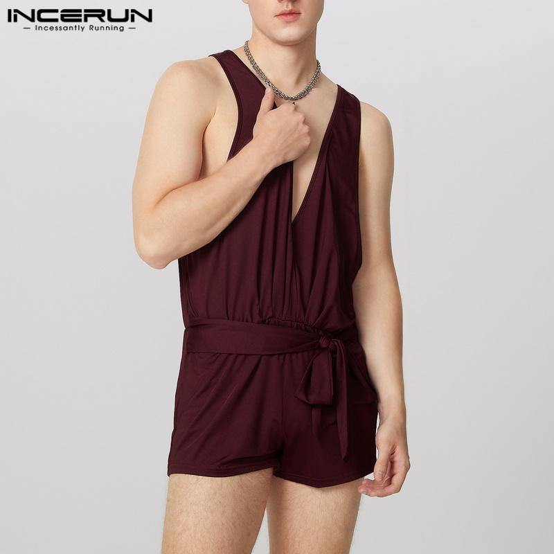 

INCERUN Мужской комбинезон с глубоким V-образным вырезом без рукавов с поясом спереди, короткий ромпер, комбинезон для дома M