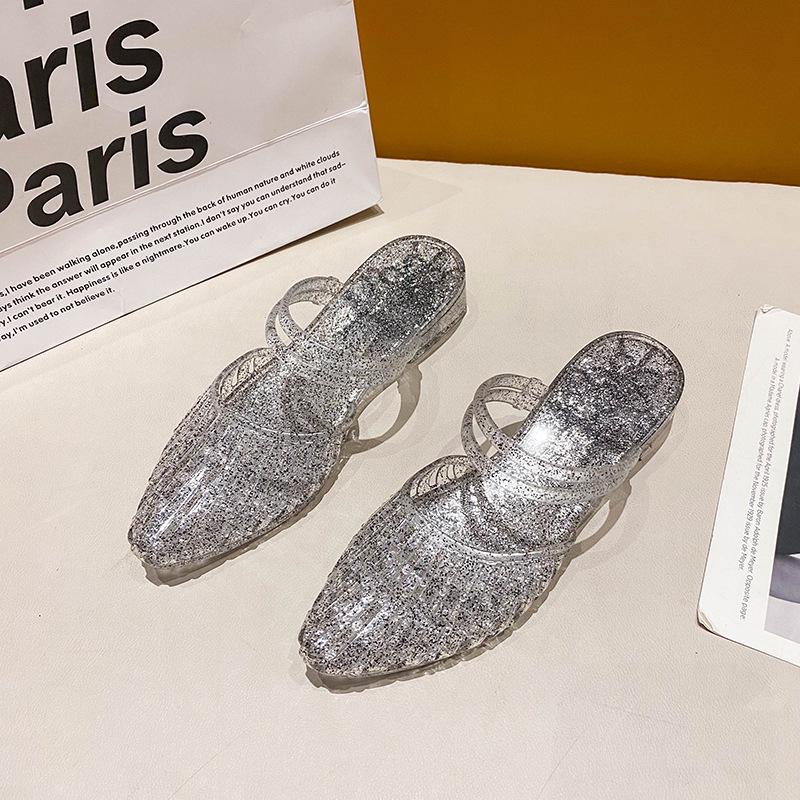 

Женские летние прозрачные хрустальные шлепанцы: Острый носок, Нескользящий толстый каблук, Дизайн с вырезами для повседневной носки на открытом воздухе. 38