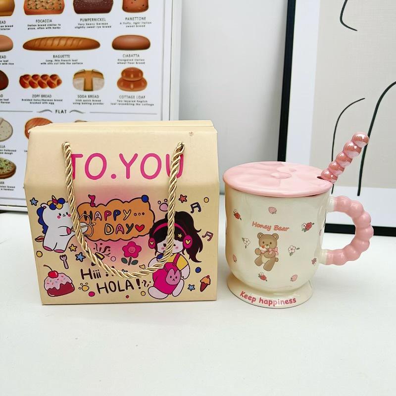 Cute High Value Cartoon Bear Mug with Lid Spoon Ceramic Water Cup for Girls Practical Birthday Gift for Friends