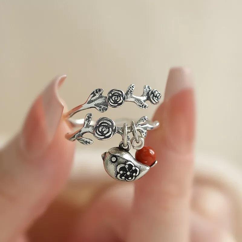 Ретро Стиль Двухслойное Кольцо-цветок Розы с Лозой и Птичкой, Открытое, для Женщин, Изысканное Кольцо для Пальца из Нержавеющей Стали resizable