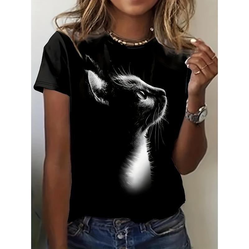 

Women Cute Kitten Print T-Shirt Round Neck Short Sleeve Spring Summer Casual Regular Fit Machine-Washable Essential Top 4XL чорний