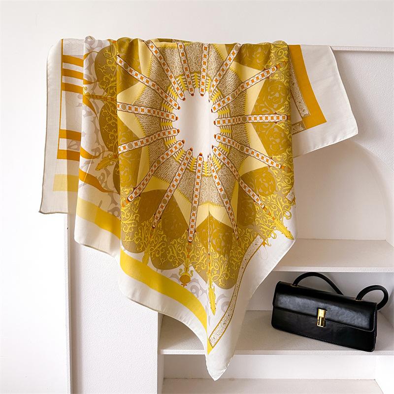 

French Elegance And Versatility 90Cm Imitation Silk Large Square Scarf Retro Printed Shawl Herringbone Scarf Headscarf Women 90x90cm