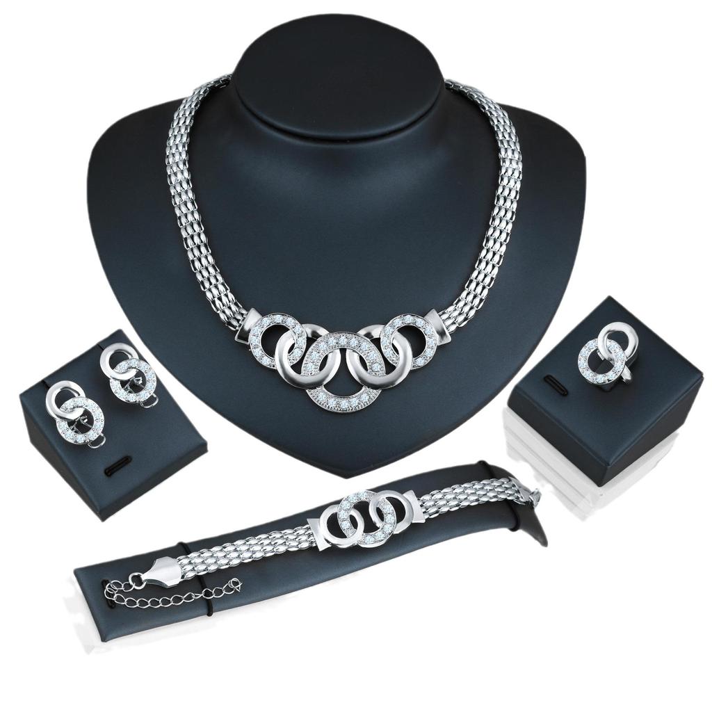 European & American Vintage Jewelry Set: Five-Ring Necklace, Stud Earrings, Bracelet, & Ring - Four-Piece Collection