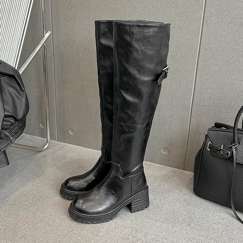 

British style knee boots women s 2025 new retro thin pleated washed leather boots thick-soled knight boots 35 чёрный