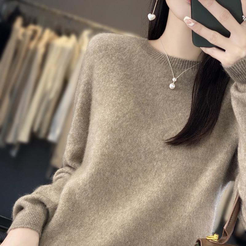 Women's Pure Wool Loose Knit Cashmere Sweater - Round Neck, Long Sleeve, Soft Base Layer for Autumn/Winter