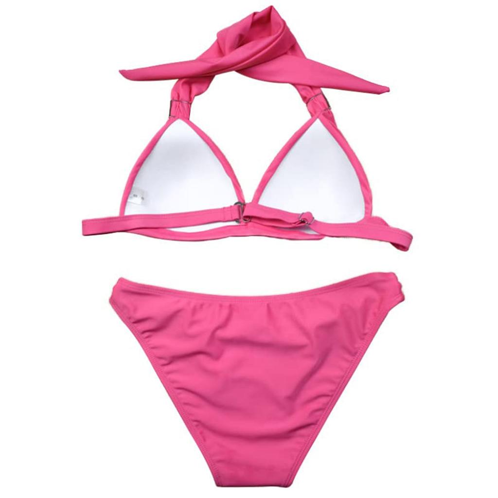 Two Piece Solid Color Bikini Set with Padded Cups Women Swimwear Halter Neck Top and Classic Bottom Beachwear