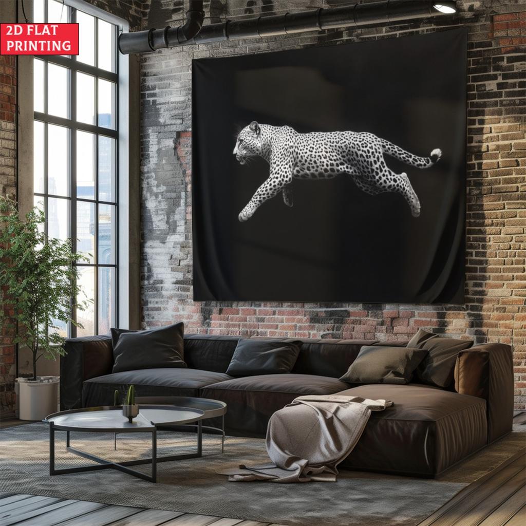 Black and White Leaping Leopard Tapestry Monochrome Big Cat Wall Hanging Modern Room Decor Suitable Offices Bars Party