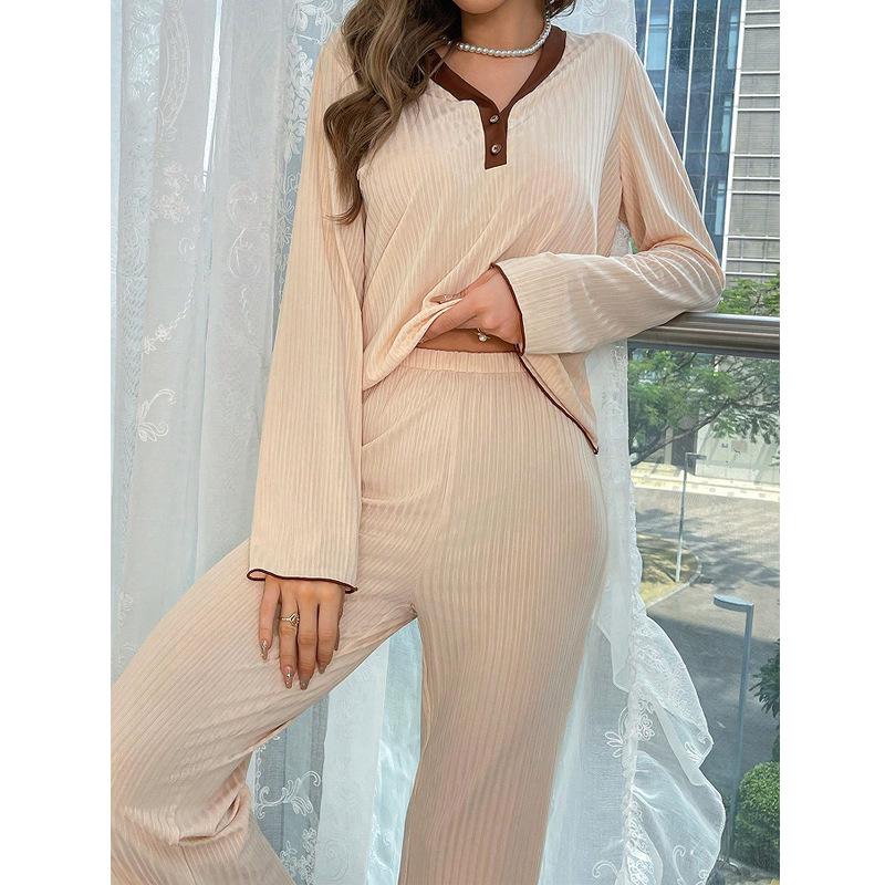 Women's V-Neck Color Block Pajama Set - Long Sleeve & Pants, Comfortable and Stylish, Spring Collection