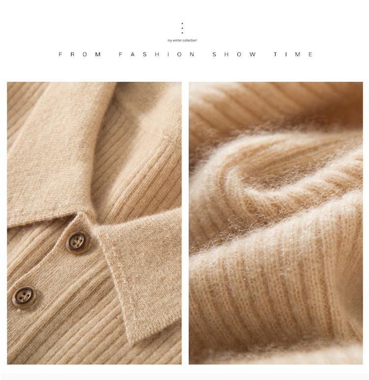 Women's Cashmere Polo Collar Ribbed Sweater – Long Sleeve, Button Closure, Perfect for Autumn and Winter