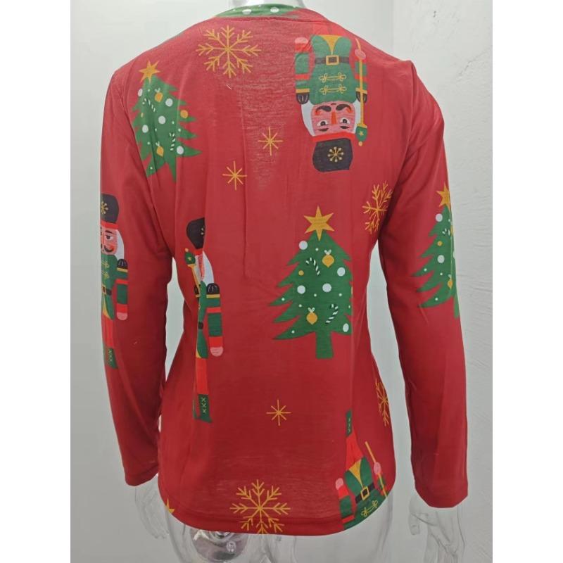 Damenbluse, lockerer V-Ausschnitt, bedruckt, Weihnachtsbaum, lässig, bedruckt, langärmelig