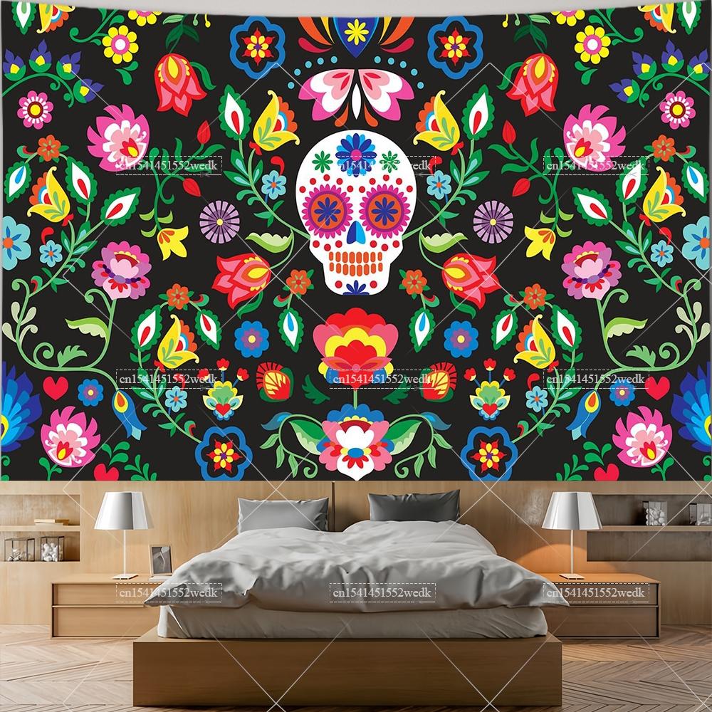 Mexiko Blumenteppich Mexikanische Pflanze Blumen Stickerei Ethnisch Otomi Vögel Wandteppiche Ästhetische Raumdeko Illustrationen Hintergrund