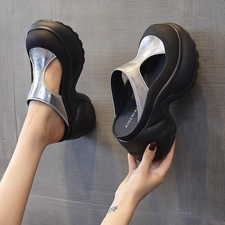 

Thick bottom heightening cool slippers new summer wear versatile fashion slope heel bag head half slippers women 40 серебряный