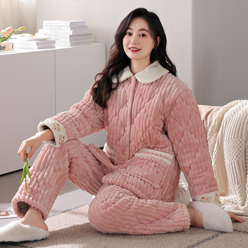 Pajamas Women's Winter Coral Fleece Thickened Fleece Three-layer Padded Cotton Winter Flannel New Padded Jacket Loungewear