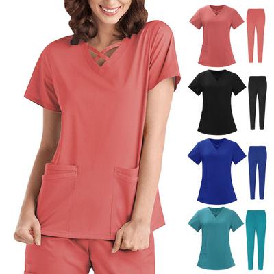 2Pcs/Set Unisex Hospital Uniform Set V-neck Short Sleeve Pockets Tops Elastic Waist Pants Set Quick Drying
