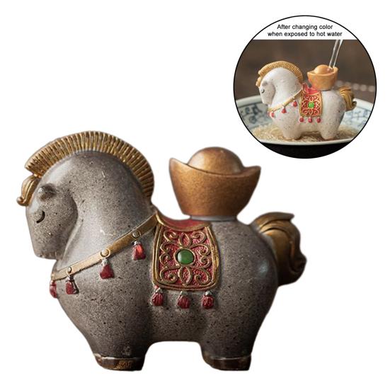 Money Horse Tea Pet with Thermal Color Change Resin Tea Table Ornament with Wealth Blessing Traditional Chinese Desk Decor