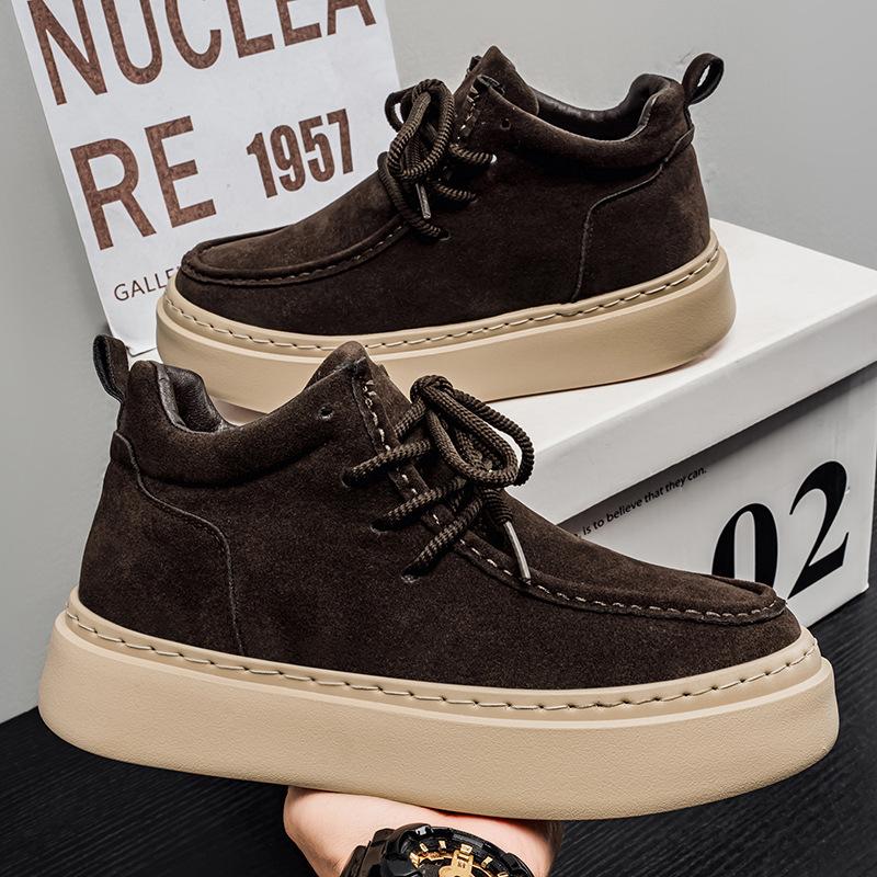 High-top spring new leather casual board shoes British thick-soled heightening sneakers