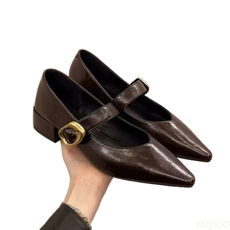 Fashion Elegant thick heeled pointed single shoes for summer breathable shallow mouth comfortable commuting small leather shoes