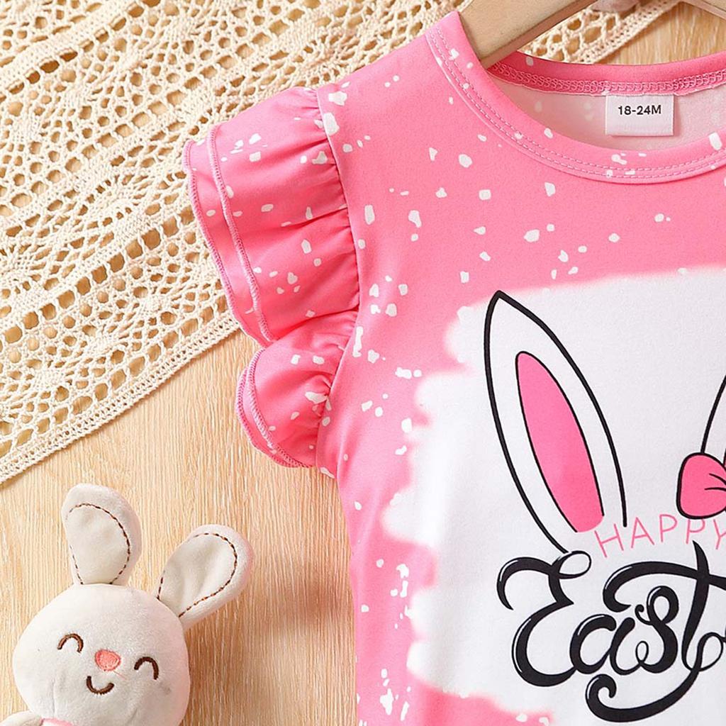 Baby Girl 2Pcs Easter Outfits Short Sleeve Tops and Plain Flare Pants Set Toddler Clothes