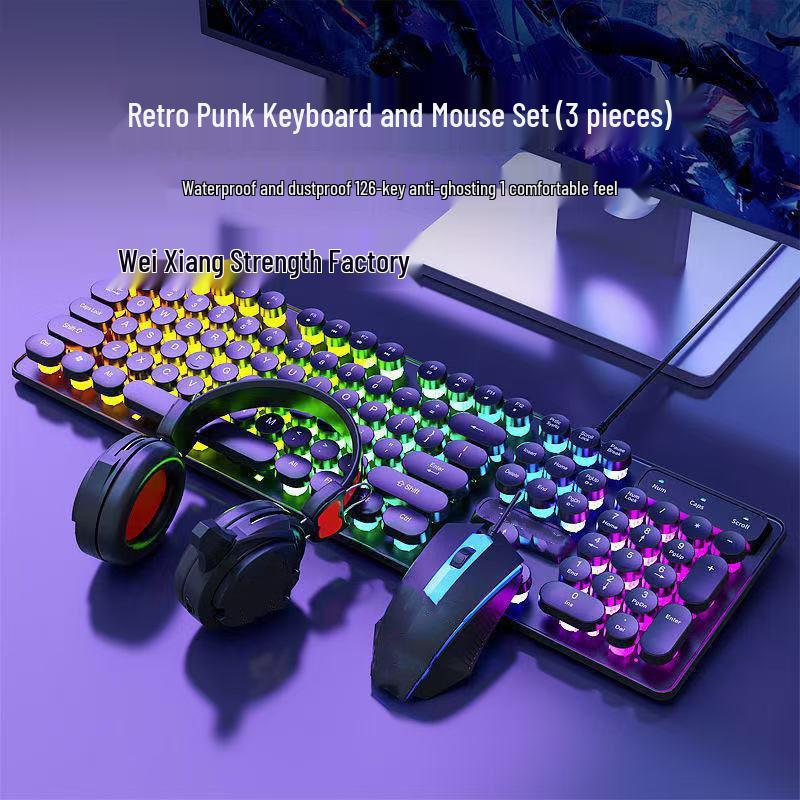 2026 Retro Punk Mechanical Feel Gaming Keyboard & Wired Headset for Desktop/Laptop