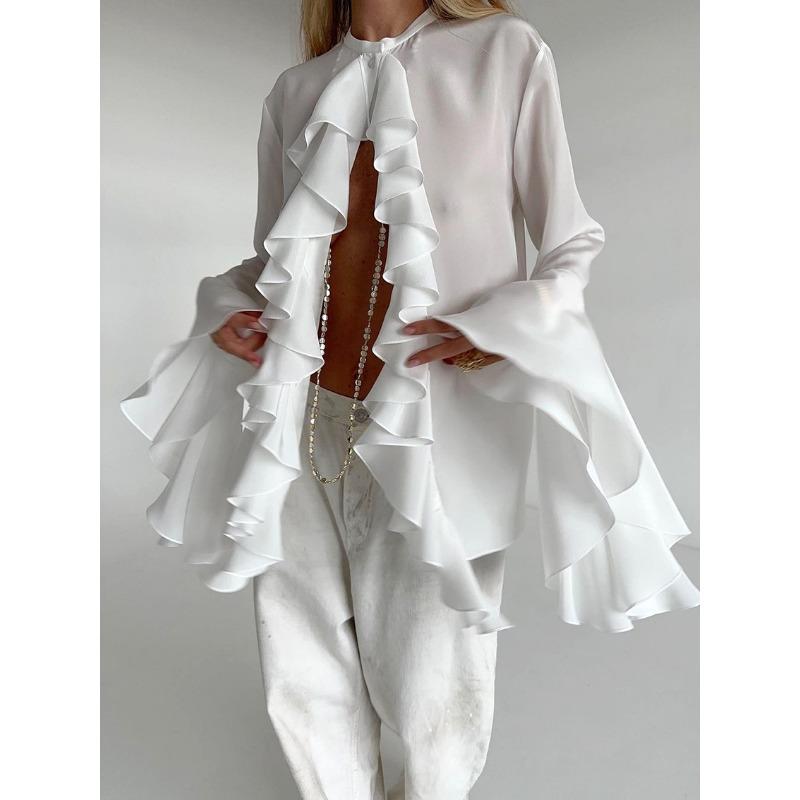 Женский осенне-зимний темперамент Senior Sense of Cardigan Design Sense Ruffled Longsleeved Shirt S белый