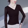 2025 Women's Fashion V-Neck Mesh Long-Sleeve Top - Waist-Cinching, Belly-Covering
