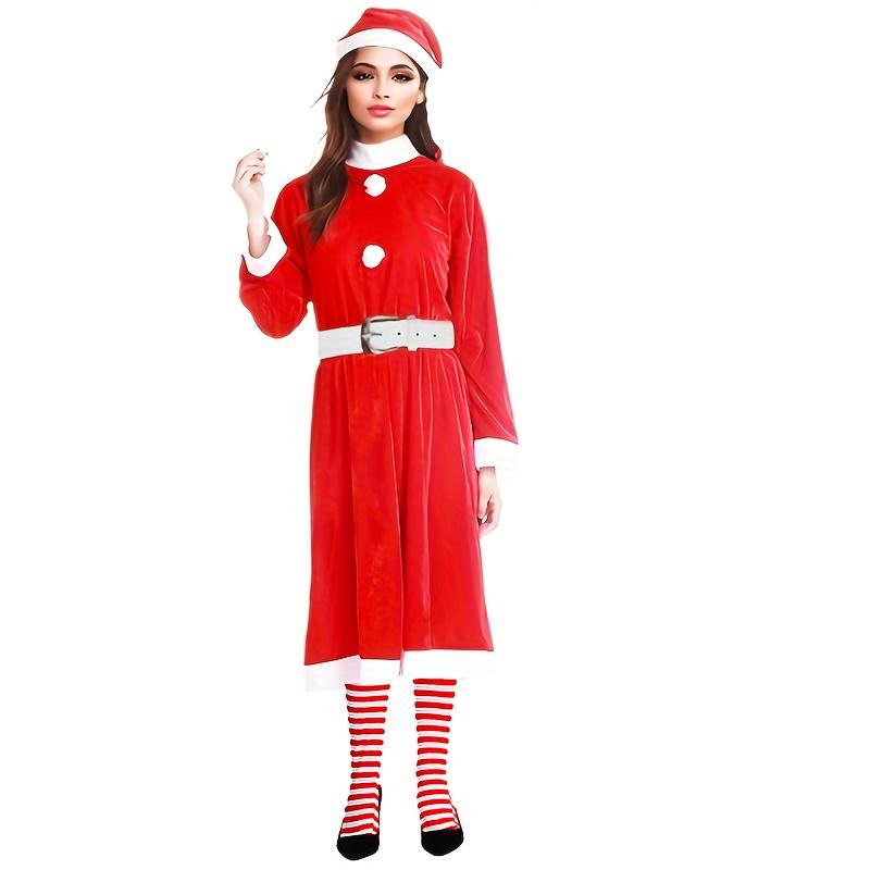 Women Christmas Santa Suit Long Dress Hat Belt Classic Red Santa Outfit Christmas  Halloween  Cosplay Party Decorations Cosplay