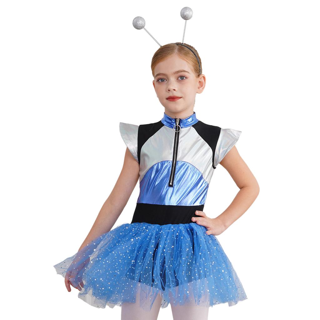 Kids Alien Cosplay Costume Short Sleeve Patchwork Shiny Spangles Dress Bodysuit with Alien Hair Hoop Set for Halloween Party Performance